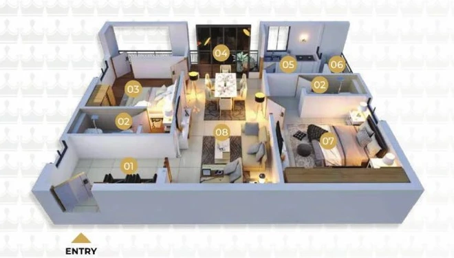 Illustrative west-facing 2 BHK isometric layout from the brochure